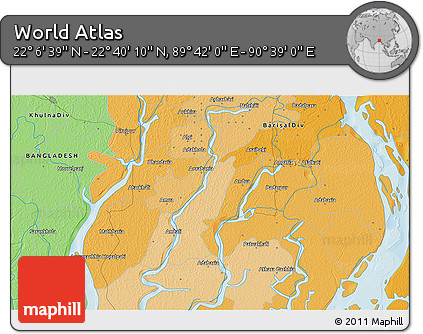 Political 3D Map of the Area around 22° 23' 25" N, 90° 10' 30" E
