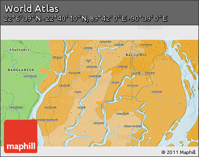 Political 3D Map of the Area around 22° 23' 25" N, 90° 10' 30" E