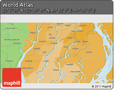 Political 3D Map of the Area around 22° 23' 25" N, 90° 10' 30" E