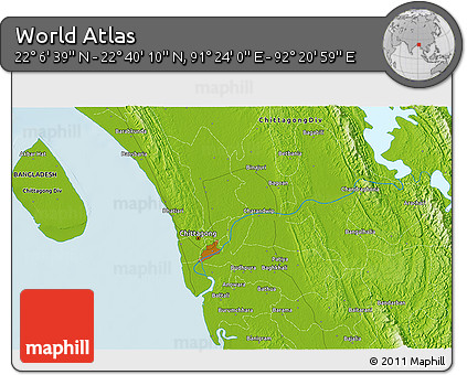 Physical 3D Map of the Area around 22° 23' 25" N, 91° 52' 30" E