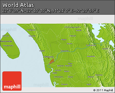 Physical 3D Map of the Area around 22° 23' 25" N, 91° 52' 30" E