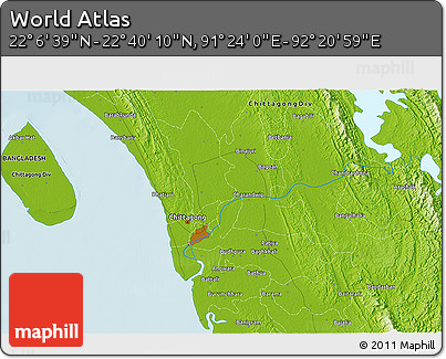 Physical 3D Map of the Area around 22° 23' 25" N, 91° 52' 30" E