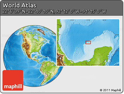 Physical Location Map of the Area around 22° 23' 25" N, 91° 43' 29" W