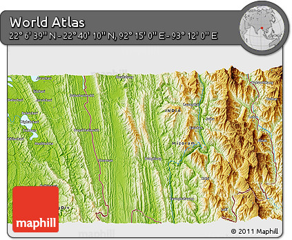 Physical 3D Map of the Area around 22° 23' 25" N, 92° 43' 29" E
