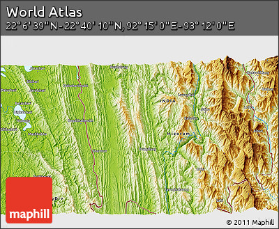 Physical 3D Map of the Area around 22° 23' 25" N, 92° 43' 29" E
