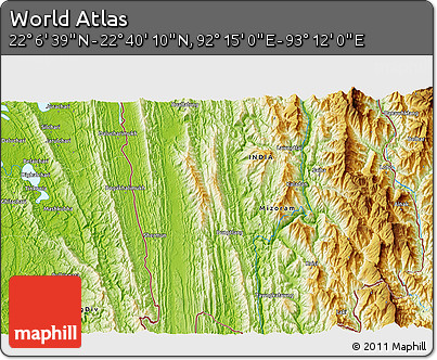 Physical 3D Map of the Area around 22° 23' 25" N, 92° 43' 29" E