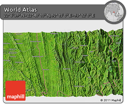 Satellite 3D Map of the Area around 22° 23' 25" N, 92° 43' 29" E