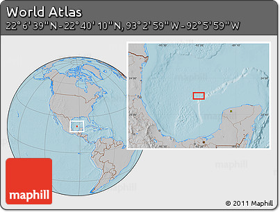 Gray Location Map of the Area around 22° 23' 25" N, 92° 34' 29" W, hill shading