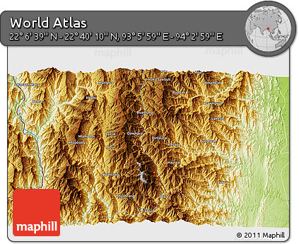 Physical 3D Map of the Area around 22° 23' 25" N, 93° 34' 29" E