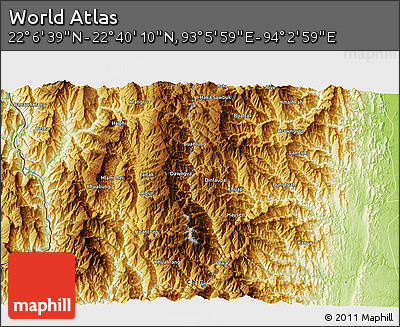 Physical 3D Map of the Area around 22° 23' 25" N, 93° 34' 29" E