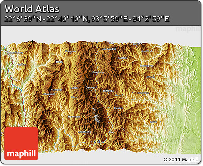 Physical 3D Map of the Area around 22° 23' 25" N, 93° 34' 29" E