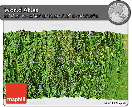 Satellite 3D Map of the Area around 22° 23' 25" N, 93° 34' 29" E
