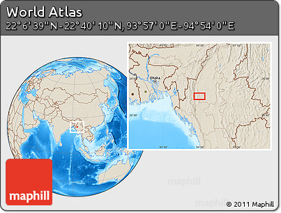 Shaded Relief Location Map of the Area around 22° 23' 25" N, 94° 25' 30" E