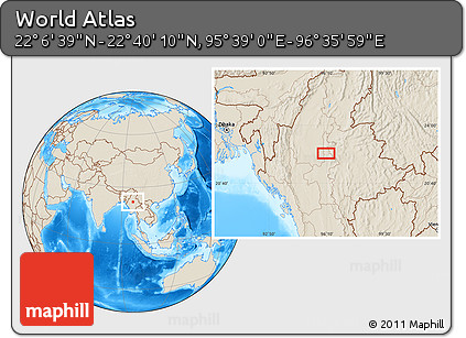 Shaded Relief Location Map of the Area around 22° 23' 25" N, 96° 7' 30" E