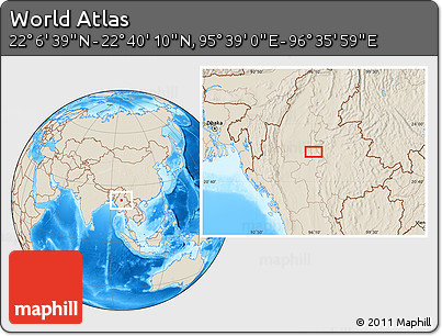 Shaded Relief Location Map of the Area around 22° 23' 25" N, 96° 7' 30" E