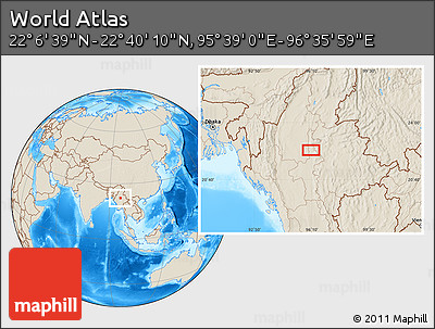 Shaded Relief Location Map of the Area around 22° 23' 25" N, 96° 7' 30" E