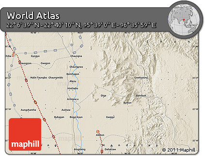 Shaded Relief Map of the Area around 22° 23' 25" N, 96° 7' 30" E