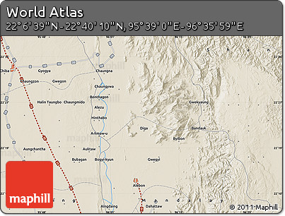 Shaded Relief Map of the Area around 22° 23' 25" N, 96° 7' 30" E