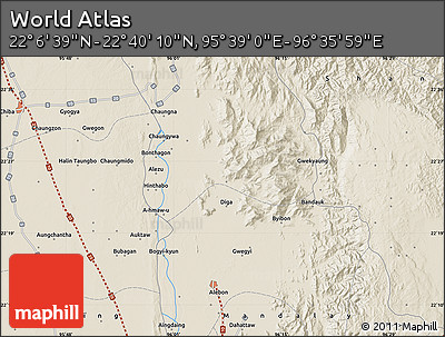 Shaded Relief Map of the Area around 22° 23' 25" N, 96° 7' 30" E