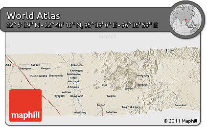 Shaded Relief Panoramic Map of the Area around 22° 23' 25" N, 96° 7' 30" E