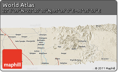 Shaded Relief Panoramic Map of the Area around 22° 23' 25" N, 96° 7' 30" E