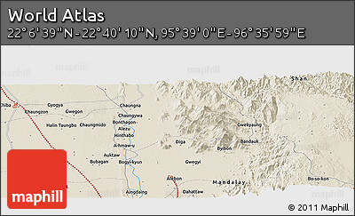 Shaded Relief Panoramic Map of the Area around 22° 23' 25" N, 96° 7' 30" E