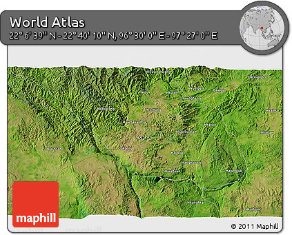 Satellite 3D Map of the Area around 22° 23' 25" N, 96° 58' 29" E