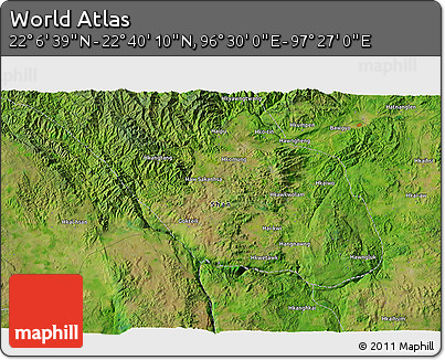 Satellite 3D Map of the Area around 22° 23' 25" N, 96° 58' 29" E