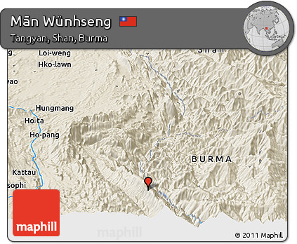 Shaded Relief Panoramic Map of Mān Wünhseng