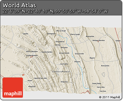 Shaded Relief 3D Map of the Area around 22° 23' 25" N, 99° 22' 30" W