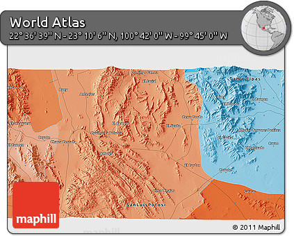 Political 3D Map of the Area around 22° 53' 22" N, 100° 13' 29" W