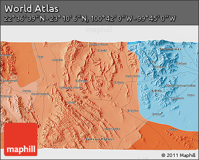Political 3D Map of the Area around 22° 53' 22" N, 100° 13' 29" W