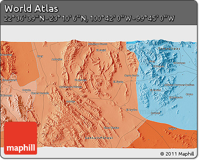 Political 3D Map of the Area around 22° 53' 22" N, 100° 13' 29" W