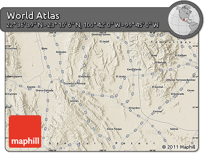 Shaded Relief Map of the Area around 22° 53' 22" N, 100° 13' 29" W