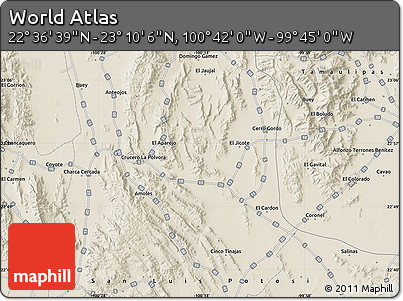Shaded Relief Map of the Area around 22° 53' 22" N, 100° 13' 29" W