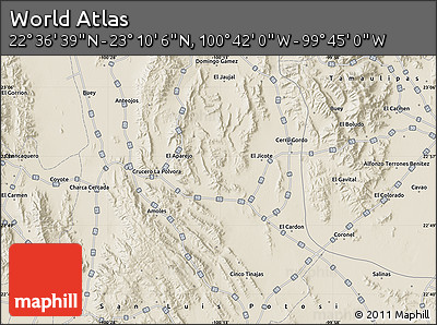 Shaded Relief Map of the Area around 22° 53' 22" N, 100° 13' 29" W