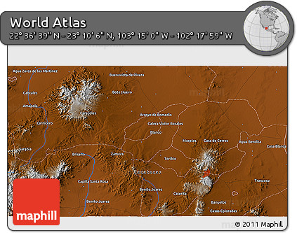 Physical 3D Map of the Area around 22° 53' 22" N, 102° 46' 30" W