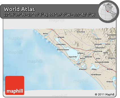 Shaded Relief 3D Map of the Area around 22° 53' 22" N, 106° 10' 30" W