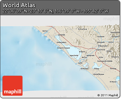 Shaded Relief 3D Map of the Area around 22° 53' 22" N, 106° 10' 30" W