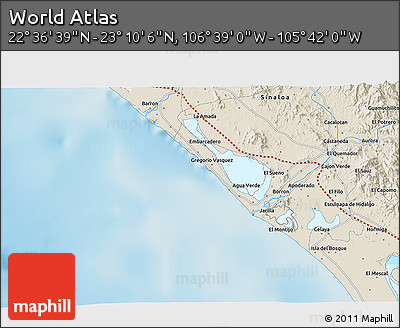 Shaded Relief 3D Map of the Area around 22° 53' 22" N, 106° 10' 30" W