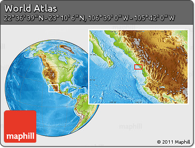Physical Location Map of the Area around 22° 53' 22" N, 106° 10' 30" W