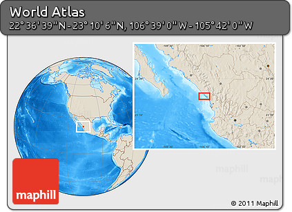Shaded Relief Location Map of the Area around 22° 53' 22" N, 106° 10' 30" W