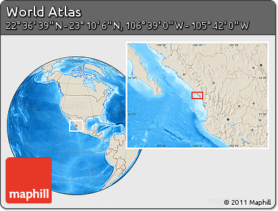 Shaded Relief Location Map of the Area around 22° 53' 22" N, 106° 10' 30" W