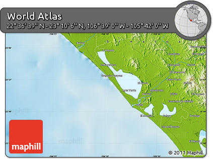 Physical Map of the Area around 22° 53' 22" N, 106° 10' 30" W