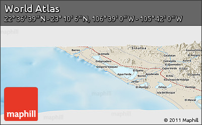 Shaded Relief Panoramic Map of the Area around 22° 53' 22" N, 106° 10' 30" W