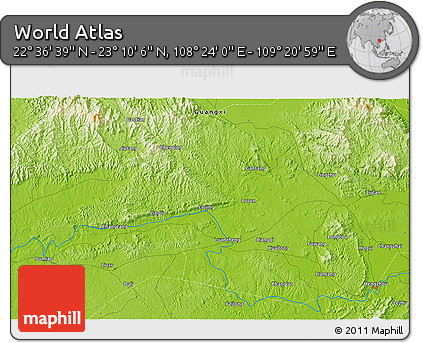 Physical 3D Map of the Area around 22° 53' 22" N, 108° 52' 30" E