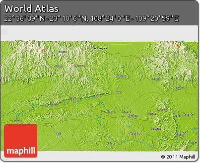 Physical 3D Map of the Area around 22° 53' 22" N, 108° 52' 30" E