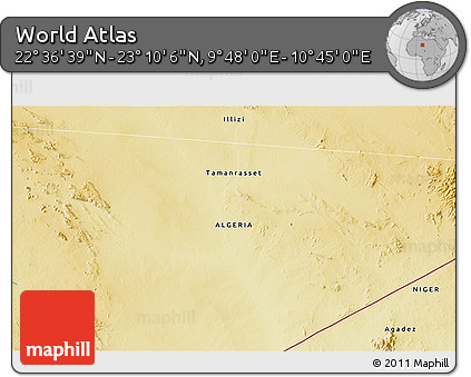 Physical 3D Map of the Area around 22° 53' 22" N, 10° 16' 30" E