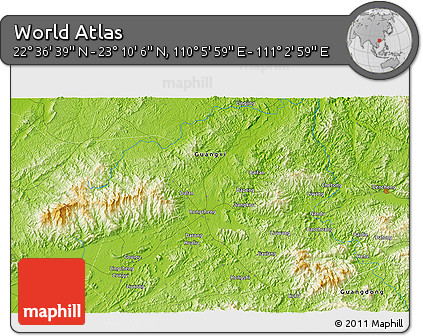 Physical 3D Map of the Area around 22° 53' 22" N, 110° 34' 29" E
