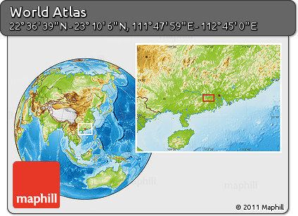 Physical Location Map of the Area around 22° 53' 22" N, 112° 16' 30" E